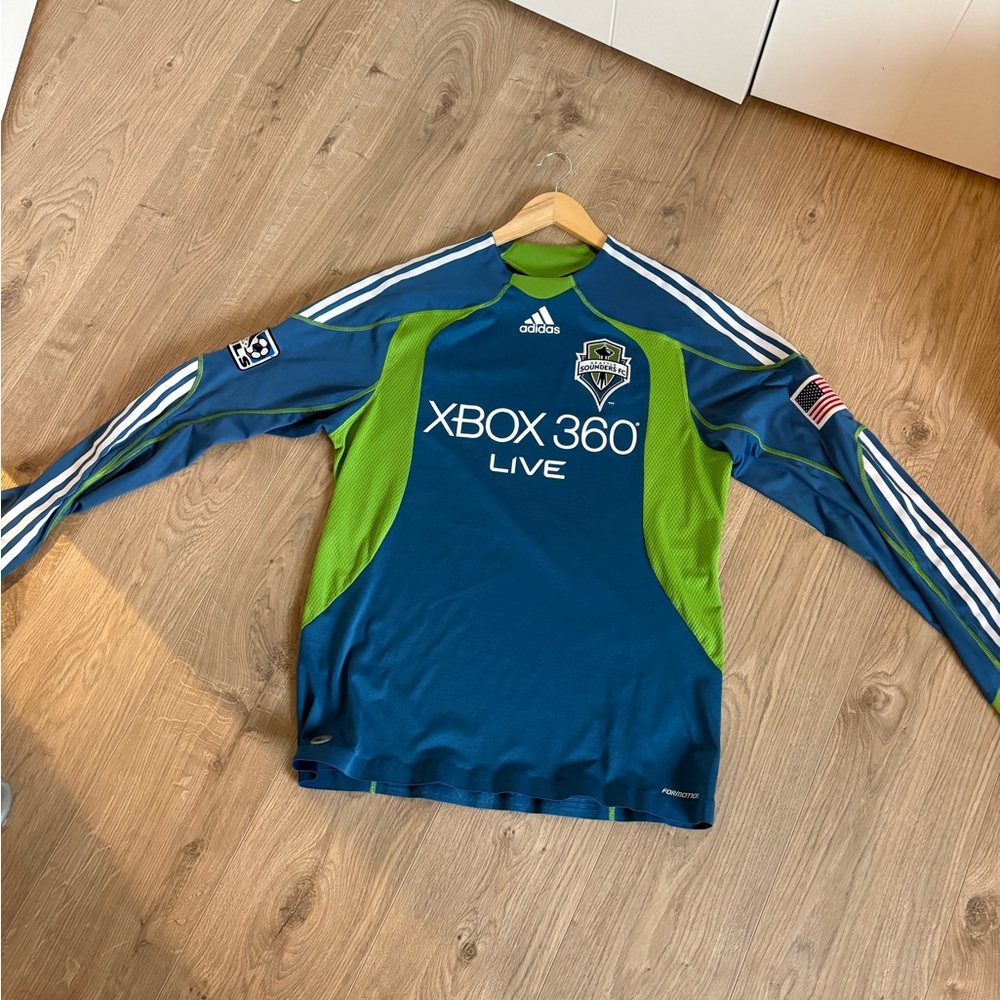 Seattle Sounders MLS Jersey Male Large Adidas Blue and Green Sports Top